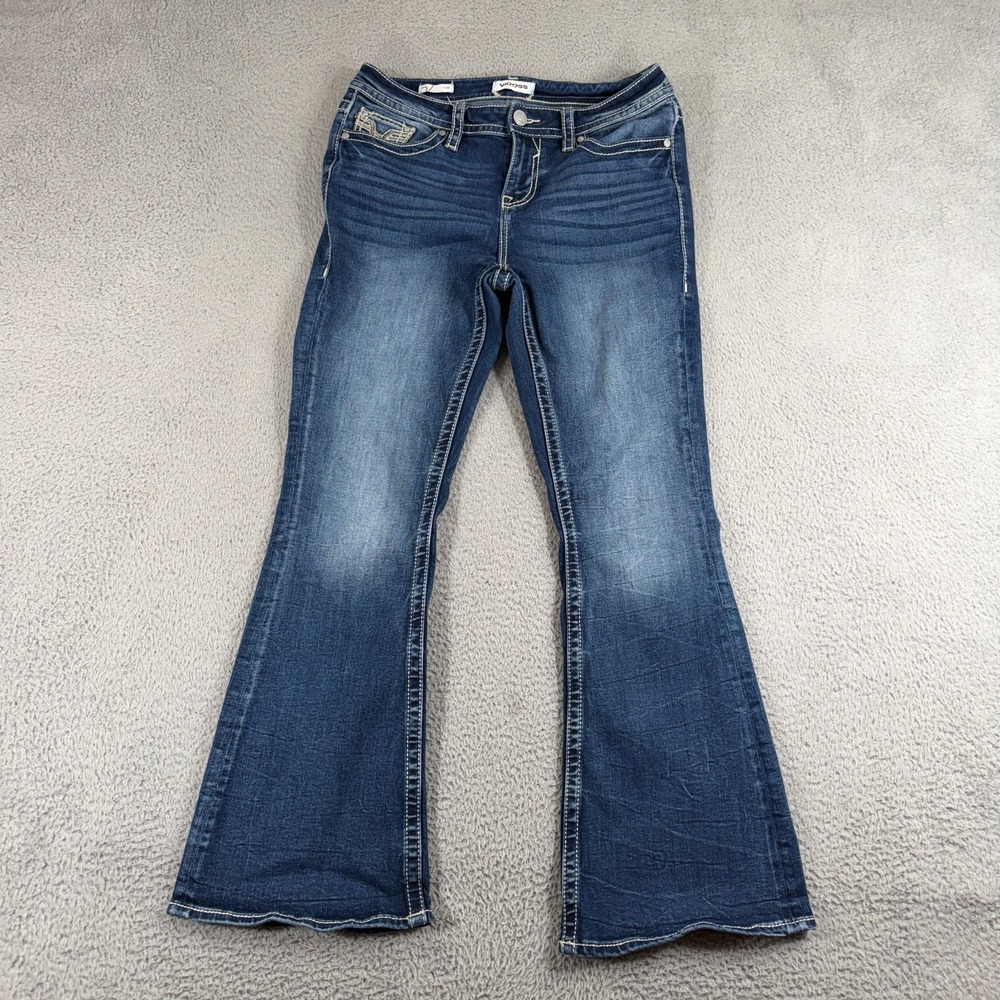 Vigoss Jeans Women 10 Medium Wash Blue Flare High Rise Stretch Embroidered Denim